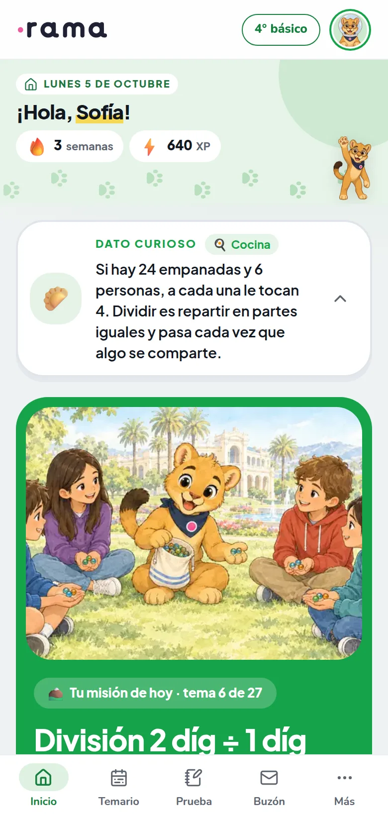El inicio del alumno: su racha en semanas y su XP, un dato curioso, la meta de la semana y la misión de hoy sobre la portada del tema que le toca, con sus tres niveles (reconocer, aplicar y razonar) y el botón para seguir.