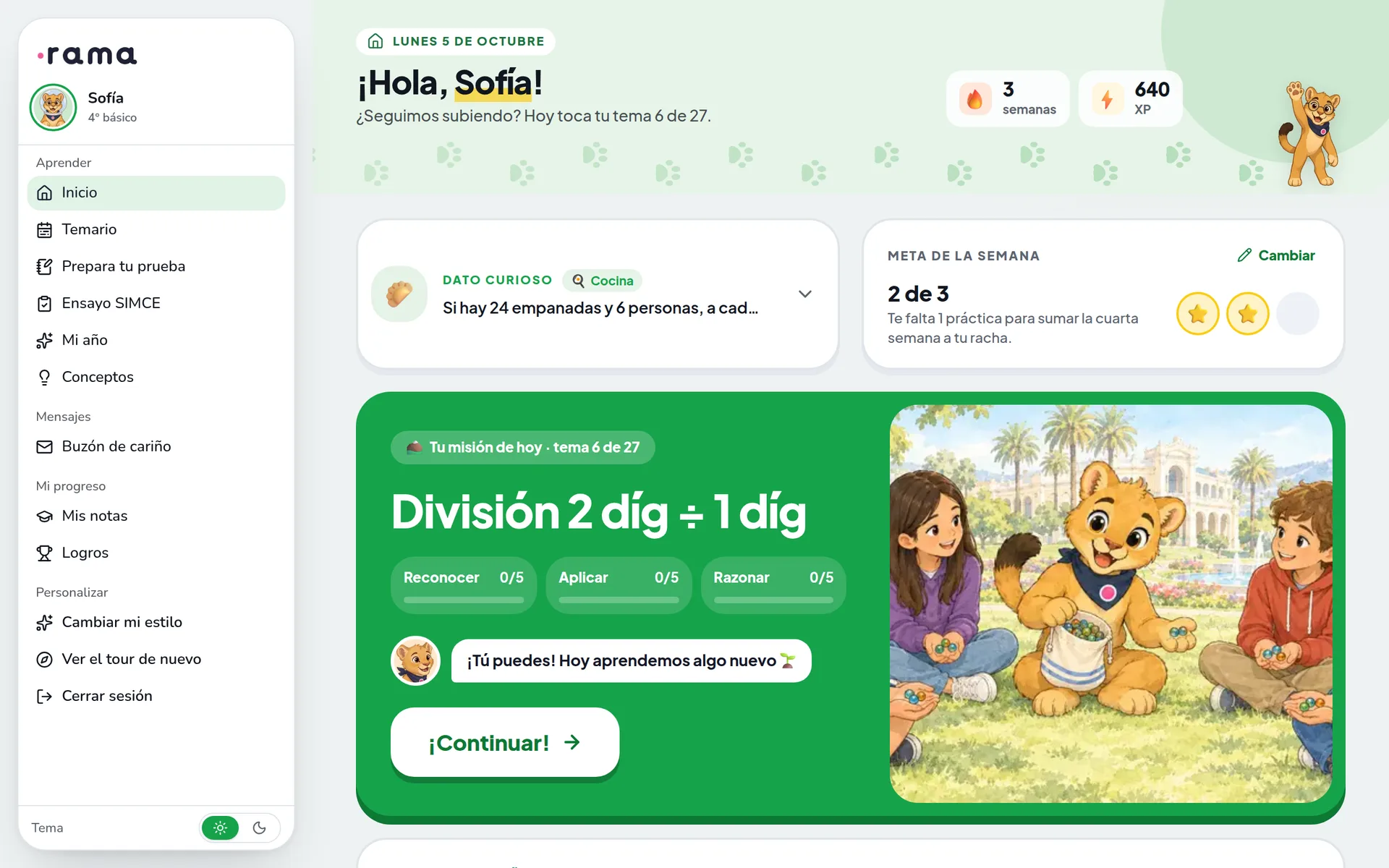 El inicio del alumno: su racha en semanas y su XP, un dato curioso, la meta de la semana y la misión de hoy sobre la portada del tema que le toca, con sus tres niveles (reconocer, aplicar y razonar) y el botón para seguir.
