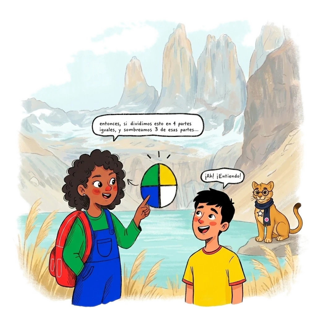 Una niña le explica a un compañero cómo se divide una figura en 4 partes iguales y se sombrean 3, frente a las Torres del Paine, con Firu el puma observando desde una roca