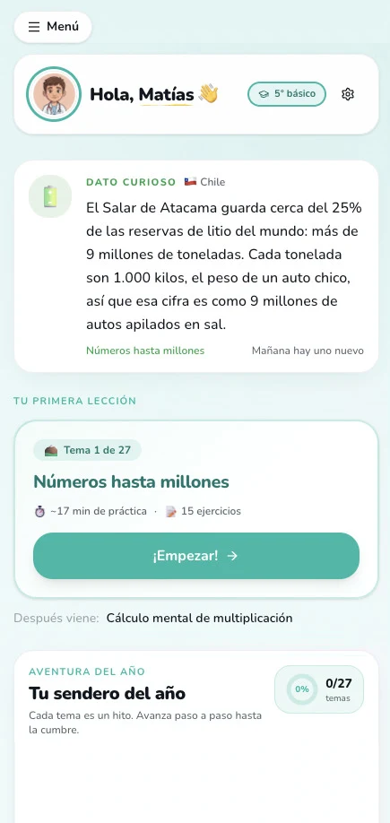 El inicio del alumno: el tema que le toca hoy, con cuánto dura y cuántos ejercicios trae, el dato del día sobre Chile, y su sendero del año.