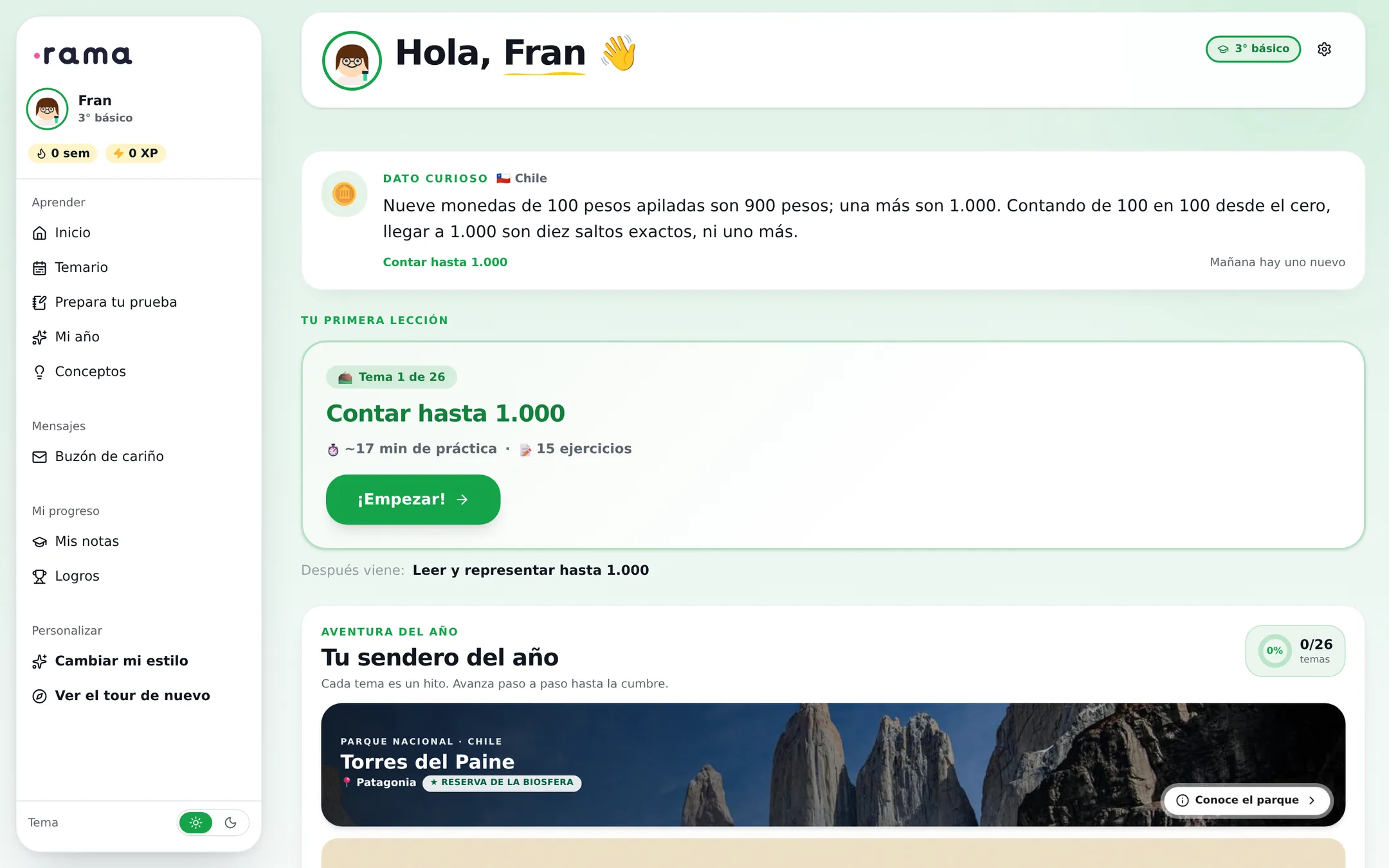El inicio del alumno: el tema que le toca hoy, con cuánto dura y cuántos ejercicios trae, el dato del día sobre Chile, y su sendero del año.